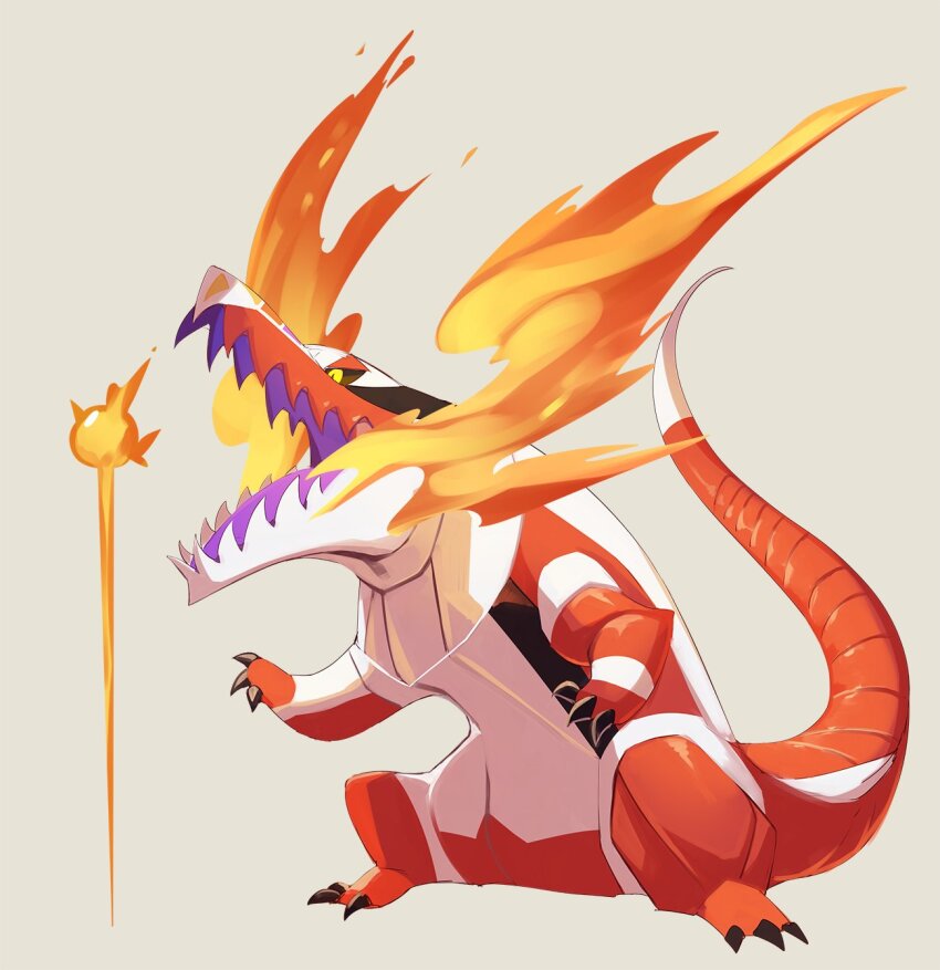 88_(h_rock_88) animal_focus black_sclera claws colored_sclera colored_skin crocodilian fangs fire fire_bird_(skeledirge) highres multicolored_skin nintendo no_humans open_mouth pokemon pokemon_(creature) red_skin simple_background skeledirge skin_fangs standing tail two-tone_skin white_background white_skin yellow_eyes