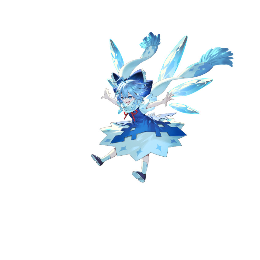 1girl adapted_costume black_shoes blue_bow blue_dress blue_eyes blue_hair bow cirno detached_wings dress fairy full_body game_cg hair_between_eyes hair_bow highres ice ice_wings neck_ribbon non-web_source official_art open_mouth outstretched_arms print_scarf red_ribbon ribbon scarf second-party_source shoes short_hair short_sleeves smile snowflake_print socks solo spread_arms touhou touhou_gensou_eclipse transparent_background u_u_zan white_scarf white_socks wings