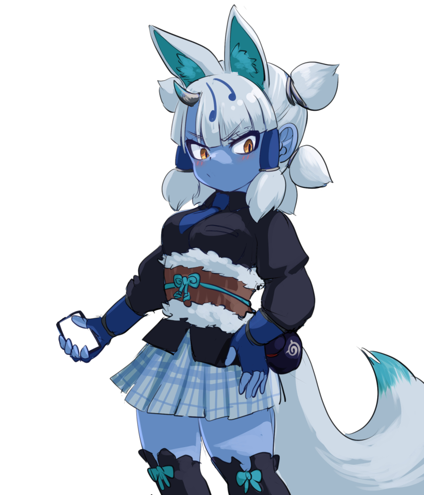 1girl animal_ears belt black_shirt black_thighhighs blue_bow blue_gloves blue_necktie blue_skin blue_skirt blush bow bow_legwear brown_belt cellphone collared_shirt colored_skin cowboy_shot extra_ears fingerless_gloves fox_ears fox_tail fur_trim ginkaku_(kemono_friends) gloves hair_between_eyes hair_tubes highres horns japari_symbol kemono_friends kemono_friends_3 long_sleeves mcgunngu necktie orange_eyes phone plaid_clothes plaid_skirt pleated_skirt pout puffy_sleeves quad_tails shirt short_twintails sidelocks silver_horned_king_(kemono_friends) single_horn skirt smartphone solo tail thighhighs twintails white_fur white_hair zettai_ryouiki