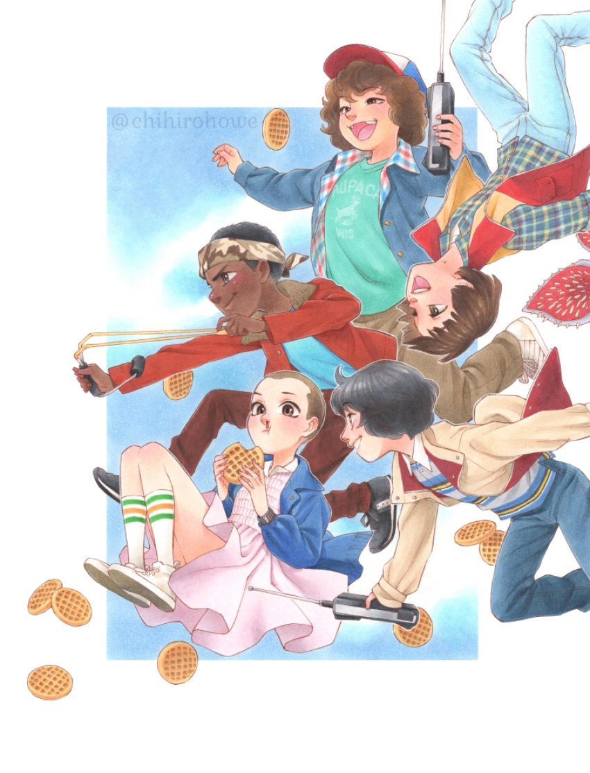 alien animification blood chihiro_howe child dark_skin demogorgon dress dustin_henderson eating eleven_(stranger_things) fangs food hat highres jacket jaws lucas_sinclair marker_(medium) mike_wheeler monster nosebleed scan short_hair slingshot_(weapon) stranger_things traditional_media upside-down very_short_hair waffle walkie-talkie when_you_see_it will_byers