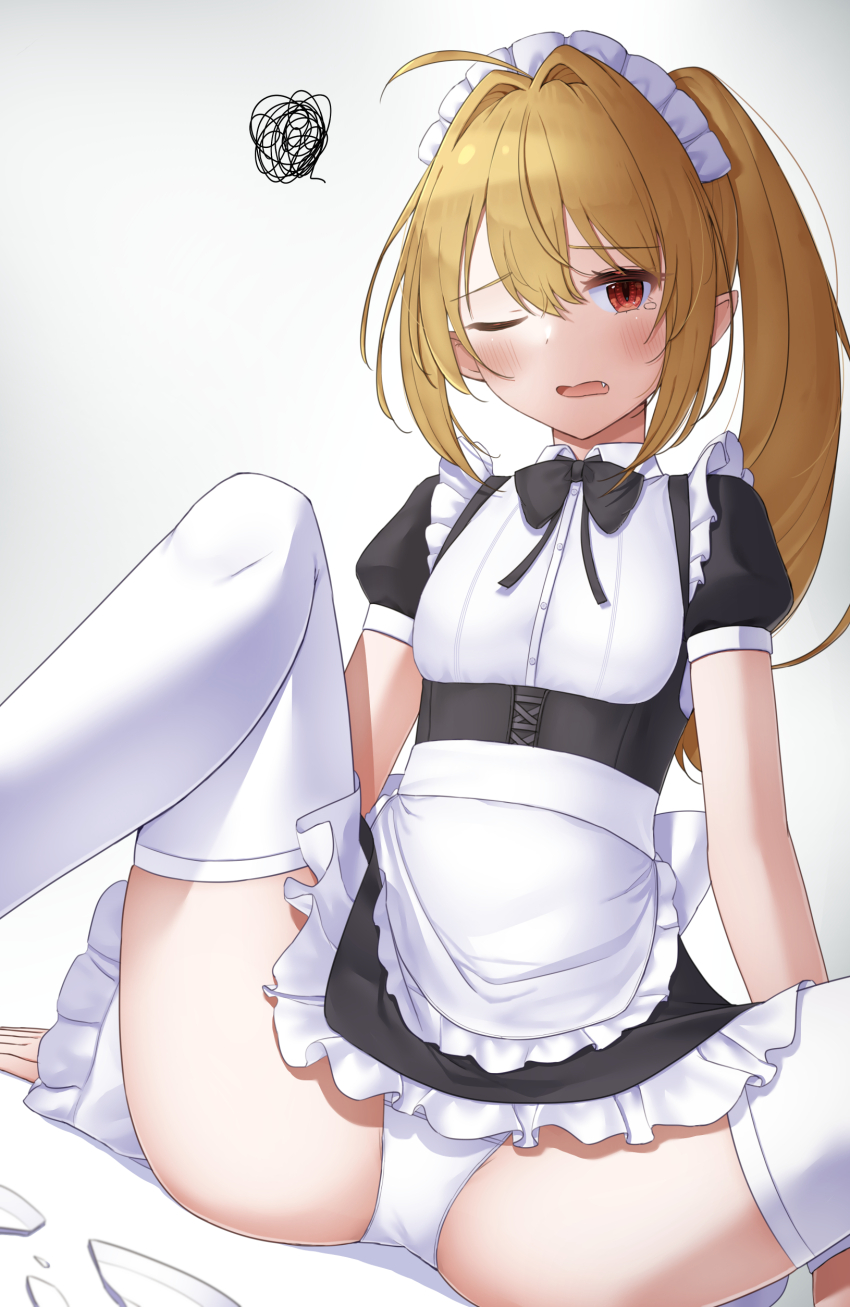 1girl absurdres ahoge apron black_bow black_bowtie blonde_hair bow bowtie fang hair_intakes highres hikikomari_kyuuketsuki_no_monmon long_hair maid maid_apron maid_headdress one_eye_closed open_mouth panties pantyshot ponytail puffy_short_sleeves puffy_sleeves red_eyes short_sleeves simple_background sitting slit_pupils solo spread_legs terakomari_gandezblood thighhighs underwear user_tyad4272 white_background white_panties white_thighhighs