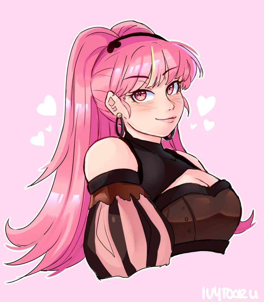 1girl artist_name bare_shoulders breasts cleavage cleavage_cutout clothing_cutout commentary detached_sleeves earrings english_commentary female_focus fire_emblem fire_emblem:_three_houses heart highres hilda_valentine_goneril hilda_valentine_goneril_(timeskip) hoop_earrings ivytooru jewelry large_breasts long_hair looking_at_viewer matching_hair/eyes nintendo pink_background pink_eyes pink_hair simple_background smile solo upper_body watermark