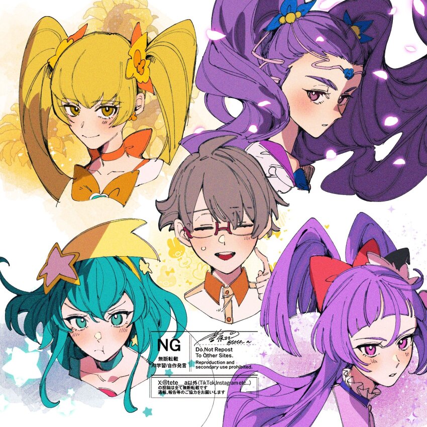 1boy 4girls ahoge aoi_tete aqua_eyes aqua_hair blonde_hair blunt_bangs blunt_ends blush bow choker commentary cure_magical cure_milky flower_hairband glasses grey_hair hair_bow hairband heartcatch_precure! highres long_hair looking_at_viewer mahou_girls_precure! milky_rose multiple_girls orange_choker pink_eyes precure purple_eyes purple_hair star_twinkle_precure thick_eyebrows toyama_satoru twintails very_long_hair wonderful_precure! yellow_eyes yellow_hairband yes!_precure_5 yes!_precure_5_gogo!