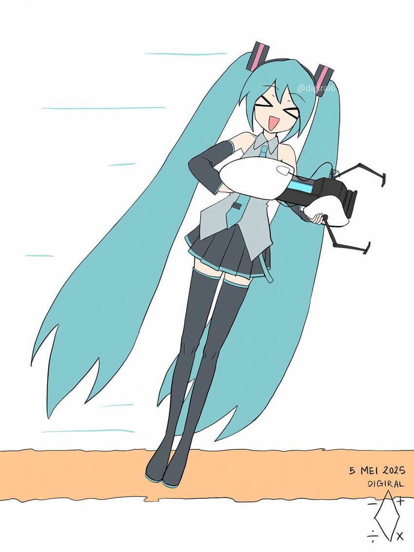 &gt;_&lt; 1girl :d aperture_science_handheld_portal_device aqua_hair aqua_necktie artist_logo artist_name black_boots black_skirt boots collared_shirt commentary crossover dated digiral english_commentary full_body grey_shirt hands_up hatsune_miku highres holding leaning_to_the_side logo long_hair long_sleeves miniskirt motion_lines necktie open_mouth pleated_skirt portal portal_(series) portal_2 shirt simple_background skirt sleeveless sleeveless_shirt smile solo speed_lines thigh_boots twintails twitter_username very_long_hair vocaloid watermark white_background xd
