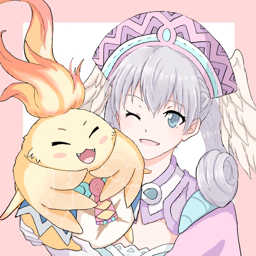 blue_eyes chobi0521 commentary_request grey_hair head_wings highres holding melia_antiqua nopon one_eye_closed riki_(xenoblade) smile wings xenoblade_chronicles_(series) xenoblade_chronicles_1