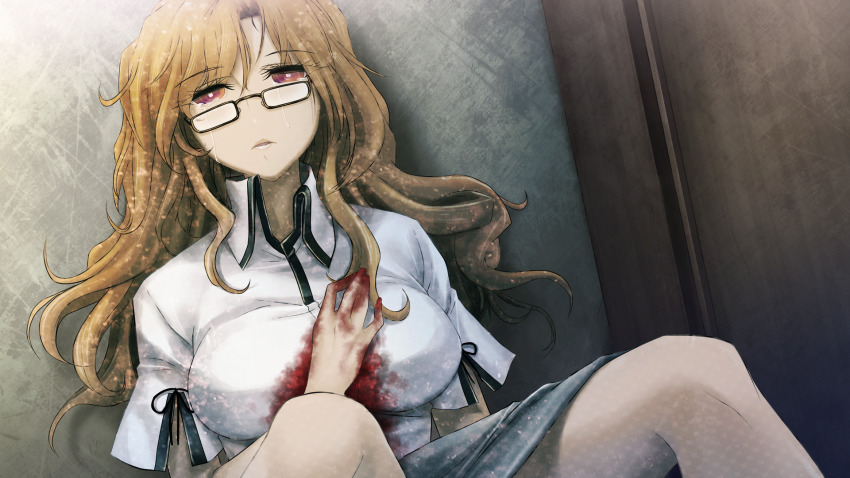 1girl black_ribbon black_trim bleeding blonde_hair blood blood_on_clothes blood_on_hands breasts buttons collared_shirt crying crying_with_eyes_open dying expressionless game_cg glasses hair_between_eyes hand_on_own_chest high_collar highres huke indoors injury jitome kiryuu_moeka knees_up large_breasts long_hair looking_at_viewer messy_hair miniskirt non-web_source official_art open_collar open_mouth phone pink_eyes pink_lips ribbon ringed_eyes shiny_lips shirt short_sleeves sitting skirt sleeve_slit solo square_pupils steins;gate streaming_tears tears thick_thighs thighs white_shirt