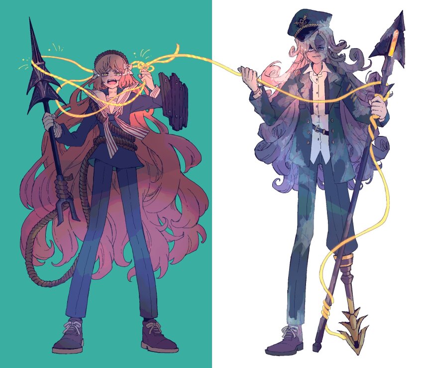 2girls ahab_(project_moon) aqua_background arm_shield bow brown_footwear brown_hairband clenched_teeth collared_shirt curly_hair full_body grey_eyes grey_hair hair_bow hairband hand_up harpoon highres ishmael_(project_moon) limbus_company long_hair looking_at_viewer multiple_girls neckerchief nito peg_leg project_moon rope sailor sailor_collar shirt shoes snagharpoon_(e.g.o) teeth very_long_hair white_background white_bow white_neckerchief white_sailor_collar white_shirt