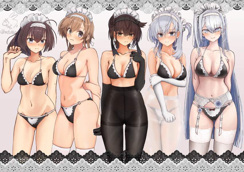 5girls absurdres ahoge akizuki_(kancolle) alternate_costume armpit_crease arms_behind_back bare_shoulders bikini bikini_day black_bikini blush border breasts brown_hair cleavage closed_mouth commentary_request cowboy_shot elbow_gloves enmaided frilled_bikini frills frown fuyutsuki_(kancolle) garter_belt gloves gluteal_fold gradient_background grey_eyes grey_hair hair_between_eyes hair_horns hairband hatsuzuki_(kancolle) highres kantai_collection large_breasts light_brown_hair long_hair looking_at_viewer low_twintails maid maid_bikini maid_headdress medium_breasts medium_hair motizou multiple_girls navel o-ring o-ring_bikini o-ring_bottom o-ring_top one_side_up orange_background orange_hair panties pantyhose signature simple_background small_breasts smile standing stomach suzutsuki_(kancolle) swimsuit teruzuki_(kancolle) thighhighs twintails twitter_username unconventional_maid underwear very_long_hair wavy_mouth white_border white_gloves white_hairband white_thighhighs yellow_eyes