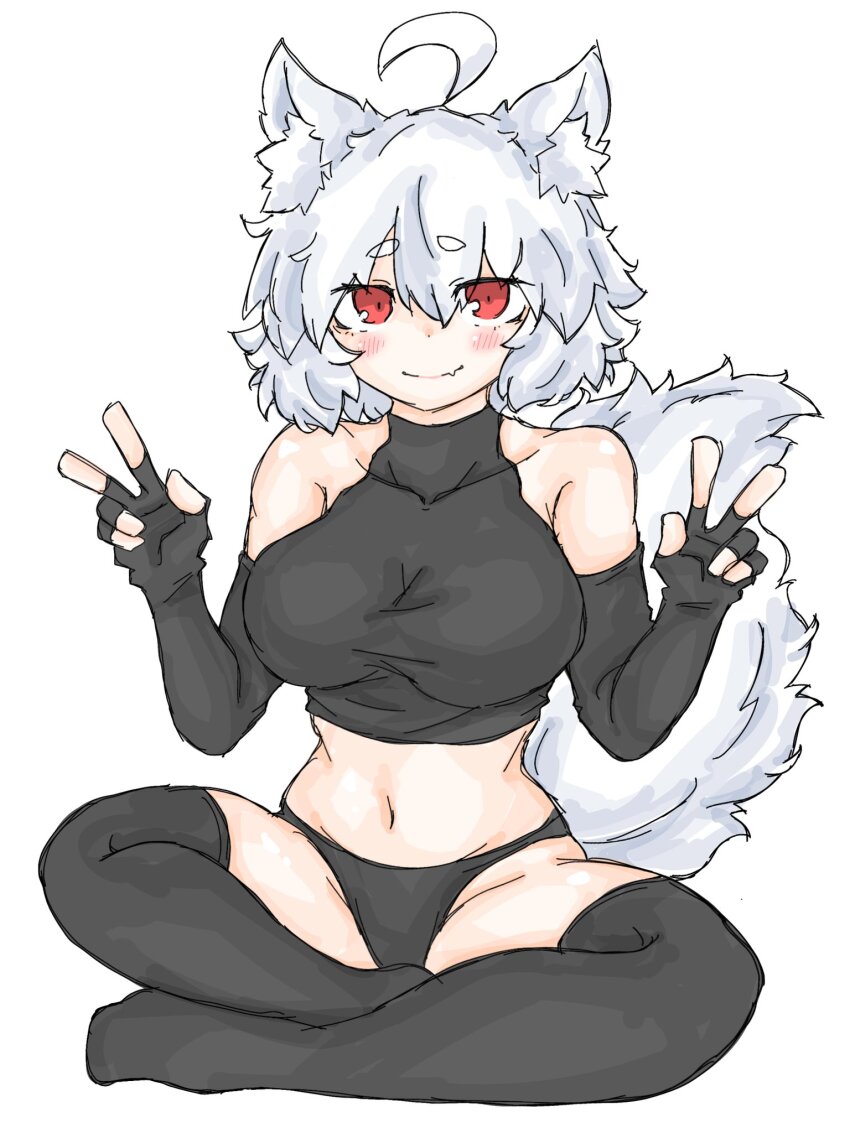 1girl ahoge animal_ear_fluff animal_ears bare_shoulders black_gloves black_panties black_thighhighs blush breasts closed_mouth crop_top double_v elbow_gloves fang fang_out fingerless_gloves full_body fumomono gloves highres indian_style inubashiri_momiji large_breasts looking_at_viewer navel panties red_eyes short_hair simple_background sitting skin_fang smile solo tail thick_eyebrows thighhighs touhou turtleneck underwear v white_background white_hair wolf_ears wolf_tail