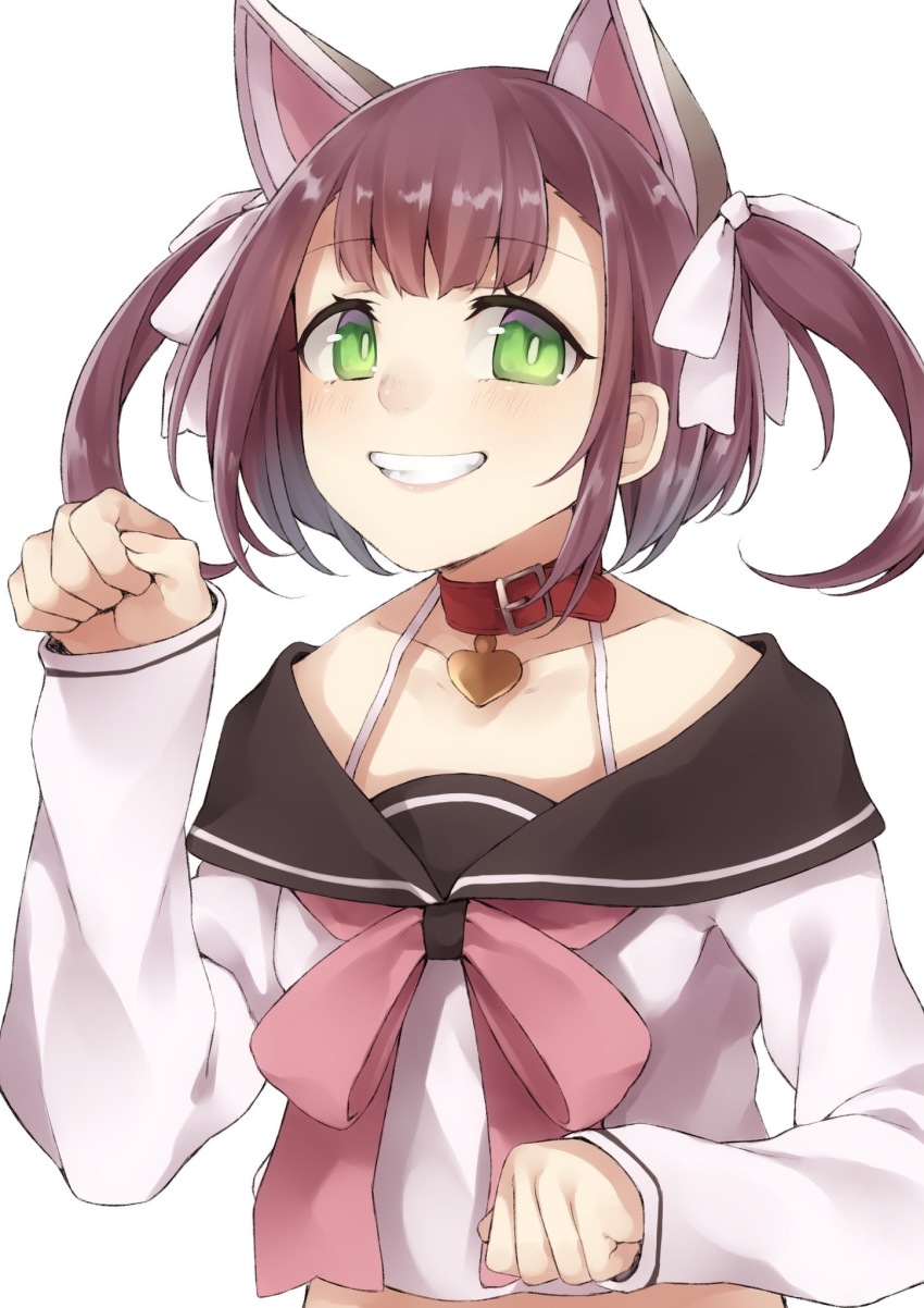 1girl :d azur_lane belt_collar blunt_bangs bow collar collarbone commentary_request e_draw_paint grin hair_between_eyes hair_bow hair_ribbon highres long_hair long_sleeves looking_at_viewer mechanical_ears midriff open_mouth paw_pose ribbon school_uniform serafuku shiratsuyu_(azur_lane) sidelocks simple_background smile solo white_background