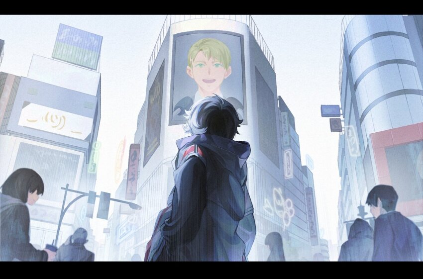 black_hair commentary digimon digimon_seekers digua92537359 grey_jacket hands_in_pockets high_collar jacket lamppost leon_alexander nagasumi_eiji outdoors photo-referenced short_hair solo_focus symbol-only_commentary