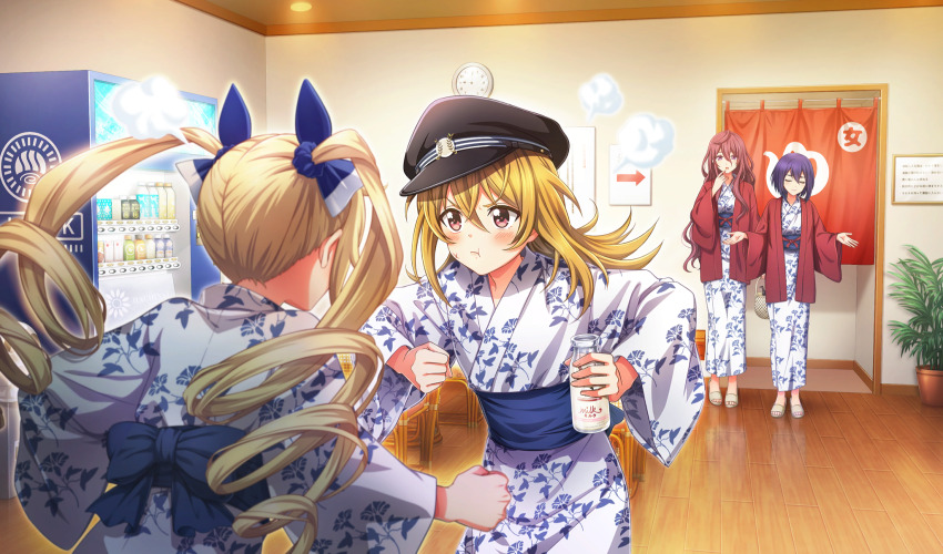 4girls :t after_bathing black_hat blonde_hair blue_hair blue_sash blush bottle bow brown_eyes cinderella_series clenched_hands clock closed_eyes closed_mouth dark_blue_hair drill_hair eye_contact floral_print floral_print_kimono gakuseibou game_cg hachigatsu_no_cinderella_nine hair_bow hat highres holding holding_bottle honjo_chikage indoors iwaki_yoshimi japanese_clothes kimono kousaka_tsubaki long_hair looking_at_another milk_bottle multiple_girls non-web_source obi official_art plant potted_plant print_kimono puff_of_air purple_hair sakagami_mei sash short_hair standing twin_drills u_u v-shaped_eyebrows vending_machine wall_clock white_kimono wooden_floor
