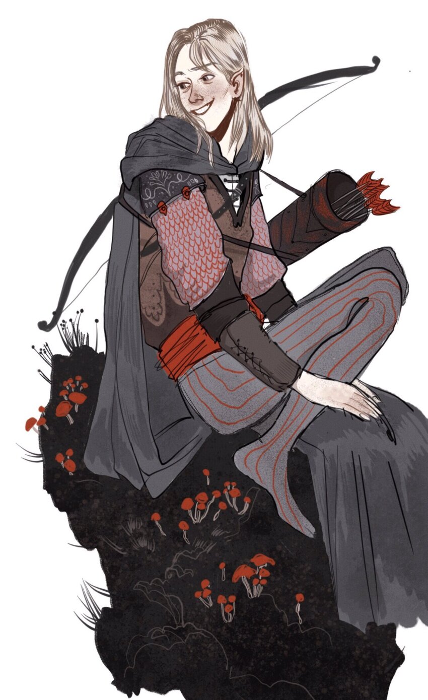 1boy armor arrow_(projectile) belt blonde_hair bow_(weapon) brown_tunic cape chainmail commentary elf english_commentary full_body grey_cape grey_eyes grey_leggings grey_robe highres leggings legolas long_hair long_sleeves looking_back male_focus mushroom on_rock outdoors pointy_ears quiver red_belt red_leggings robe simple_background sitting smile solo striped_clothes striped_leggings the_lord_of_the_rings tolkien&#039;s_legendarium tunic vertical-striped_clothes vertical-striped_leggings weapon white_background yaroslava_murashko