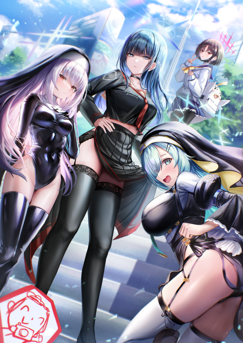 4girls arius_squad_(blue_archive) ass atsuko_(blue_archive) backpack bag black_cape black_garter_belt black_hair black_leotard black_panties black_pantyhose black_shirt black_skirt black_thighhighs black_veil blue_archive blue_hair blue_halo blue_skirt breasts brown_hair cape closed_mouth cosplay doodle_sensei_(blue_archive) garter_belt grey_jacket hair_between_eyes halo hasumi_(blue_archive) hasumi_(blue_archive)_(cosplay) hifumi_(blue_archive) hifumi_(blue_archive)_(cosplay) highres hinata_(blue_archive) hinata_(blue_archive)_(cosplay) hiyori_(blue_archive) jacket justina_follower_(blue_archive) justina_follower_(blue_archive)_(cosplay) lace lace-trimmed_thighhighs lace_garter_belt lace_trim leotard long_hair looking_at_viewer medium_breasts medium_hair midriff misaki_(blue_archive) moleshi multiple_girls navel neckerchief necktie nun open_mouth panties pantyhose red_eyes red_halo red_necktie saori_(blue_archive) school_uniform sensei_(blue_archive) shirt short_hair skirt thighhighs underwear v veil white_thighhighs yellow_neckerchief