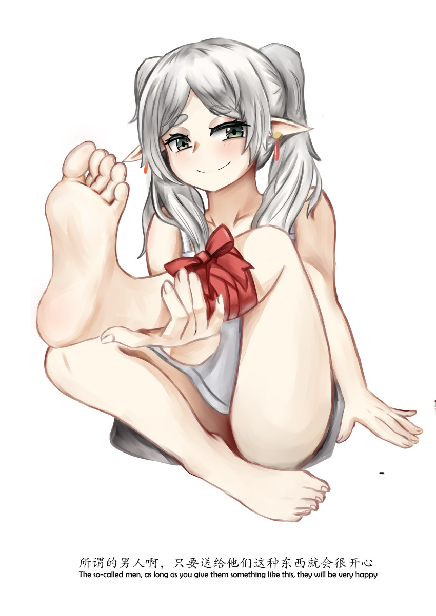 1girl absurdres arm_at_side armpits artist_request bare_arms bare_shoulders barefoot clenched_hand collarbone convenient_leg dress earrings elf english_text eyebrows_hidden_by_hair eyelashes feet feet_up female_focus fingernails foot_focus frieren full_body green_eyes highres holding holding_leg japanese_text jewelry legs long_hair looking_at_viewer neck nightgown no_bra outstretched_foot pale_skin parted_bangs pendant pointy_ears presenting_foot ribbon short_dress sidelocks simple_background sitting sleeveless sleeveless_dress smirk smug soles sousou_no_frieren thighs toenails toes twintails upskirt white_background white_dress white_hair