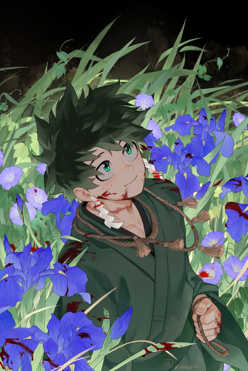 1boy absurdres blood blood_on_clothes blood_on_face blood_on_flower blood_on_hands blue_flower boku_no_hero_academia chrispplus earrings flower freckles green_eyes green_hair green_kimono highres holding holding_rope iris_(flower) japanese_clothes jewelry kimono leaf looking_up male_focus midoriya_izuku morning_glory night outdoors plant rope rope_necklace shide short_hair smile solo spiked_hair tassel upper_body vines