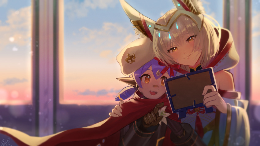 2girls animal_ears beret cape flower grey_hair hand_on_another&#039;s_shoulder hat highres hood kyosuke1413koba low_twintails multiple_girls nia_(xenoblade) orange_eyes picture_frame poppi_(xenoblade) poppi_alpha_(xenoblade) purple_hair smile twilight twintails xenoblade_chronicles_(series) xenoblade_chronicles_2 xenoblade_chronicles_3 yellow_eyes