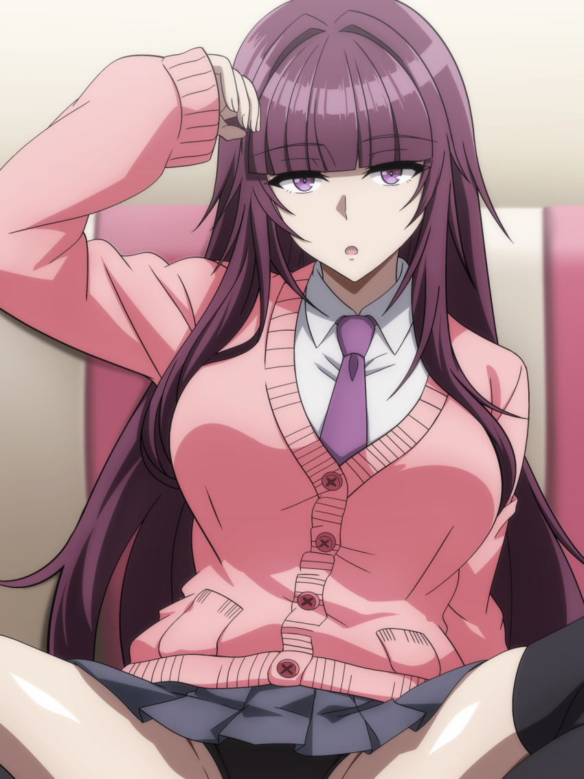 1girl black_panties black_thighhighs breasts buttons cardigan collared_shirt eta_(kage_no_jitsuryokusha_ni_naritakute!) grey_skirt highres kage_no_jitsuryokusha_ni_naritakute! long_hair makiri_akira necktie open_mouth panties pantyshot pink_cardigan pleated_skirt purple_necktie shirt skirt sleeves_past_wrists solo thighhighs underwear white_shirt