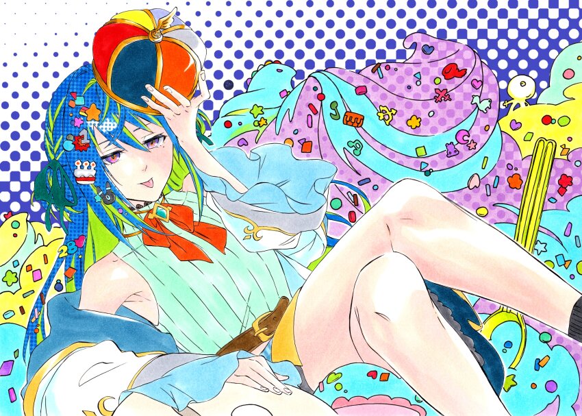 1girl absurdres armpit_crease bare_shoulders belt blue_hair blue_shirt brooch crossed_legs crown detached_sleeves food green_hair hair_ornament hair_ribbon half-closed_eyes hand_on_headwear highres ice_cream jewelry ken&#039;ichi_(ken1ro_u) looking_at_viewer mole mole_under_eye multicolored_eyes multicolored_hair nanashi_inc. polka_dot polka_dot_background puffy_sleeves ribbon shirt sitting skirt solo spoon sprinkles streaked_hair suzumi_nemo suzumi_nemo_(1st_costume) tongue tongue_out virtual_youtuber
