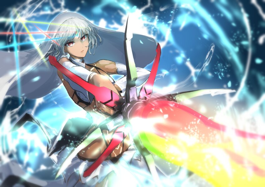 152_in_can 1girl absurdres altera_(fate) bare_shoulders dark-skinned_female dark_skin detached_sleeves fate/grand_order fate_(series) full-body_tattoo glowing headdress highres holding holding_weapon photon_ray_(fate) red_eyes short_hair solo tattoo veil weapon white_hair