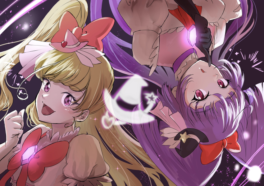 2girls absurdres asahina_mirai black_gloves black_hat blonde_hair blush bow bowtie brooch commentary_request cure_magical cure_miracle dress elbow_gloves gloves hair_bow hat highres izayoi_liko jewelry long_hair magical_girl mahou_girls_precure! mahou_girls_precure!!_mirai_days multiple_girls nekonatsu one_side_up open_mouth pink_eyes pink_hat precure puffy_short_sleeves puffy_sleeves purple_eyes purple_hair red_bow red_bowtie short_sleeves smile upper_body white_dress white_gloves witch_hat