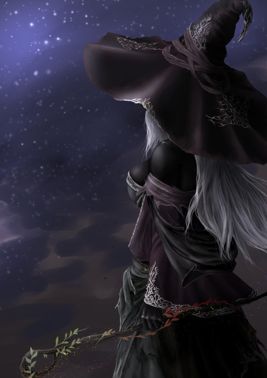 1girl absurdres bare_shoulders black_dress black_skin breasts chinese_commentary cleavage colored_skin commentary_request dark-skinned_female dark_skin dress elden_ring elden_ring_nightreign from_side hat highres large_breasts large_hat long_hair long_sleeves looking_to_the_side night night_sky painapo0731 purple_hat purple_sleeves recluse_(elden_ring) sky solo white_hair witch witch_hat wooden_staff