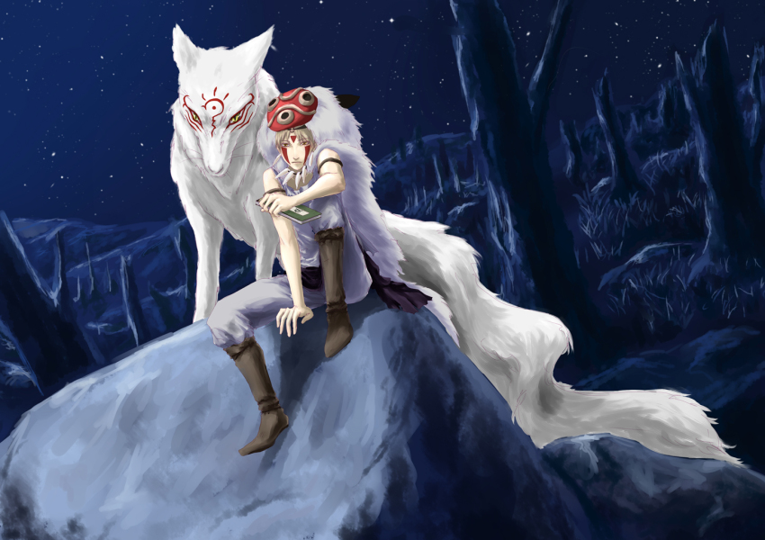 1boy blonde_hair book cosplay facepaint headdress jewelry madara_(natsume_yuujinchou) male_focus moneynew mononoke_hime natsume_takashi natsume_yuujinchou nature necklace night outdoors plant rock san_(cosplay) san_(mononoke_hime) sitting sky solo star_(sky) starry_sky studio_ghibli