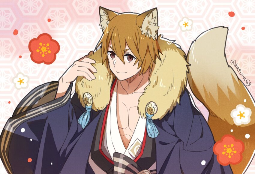 1boy animal_ear_fluff animal_ears brown_eyes closed_mouth fire_emblem fire_emblem_fates fire_emblem_heroes fox_ears fox_tail hair_between_eyes highres japanese_clothes kaden_(fire_emblem) kaden_(new_year)_(fire_emblem) katsura_ichiho kimono looking_at_viewer multicolored_hair nintendo official_alternate_costume tail two-tone_hair wide_sleeves