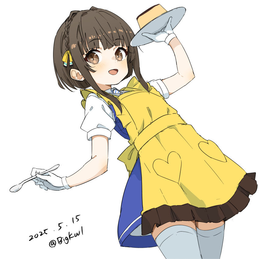 1girl absurdres apron bigkwl black_hair blue_dress blush brown_eyes brown_hair dated dress gloves grey_sailor_collar highres kantai_collection looking_at_viewer necktie open_mouth plate ribbon sailor_collar shirt short_hair short_hair_with_long_locks smile solo spoon thighhighs twitter_username ukuru_(kancolle) white_gloves white_shirt white_thighhighs yellow_apron