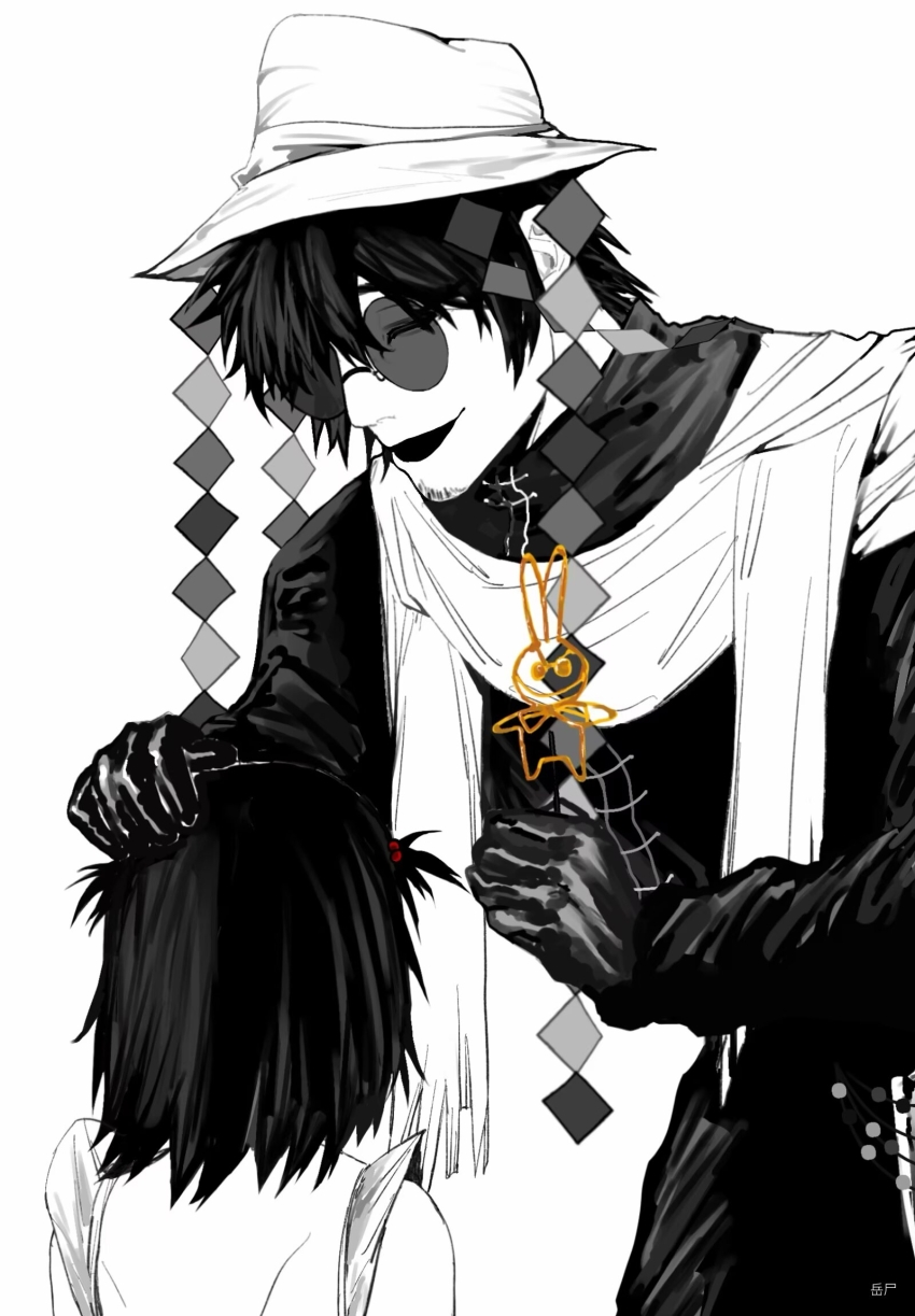 1boy 1girl beard_stubble closed_eyes coat facial_hair gloves greyscale hair_bobbles hair_ornament hand_on_another&#039;s_head hat highres holding huai_huizhi huai_yunqing long_sleeves monochrome open_mouth round_eyewear scarf shirt shitizairudong short_hair short_twintails simple_background sleeveless sleeveless_shirt smile spot_color stubble sunglasses touqi_guaitan twintails white_background