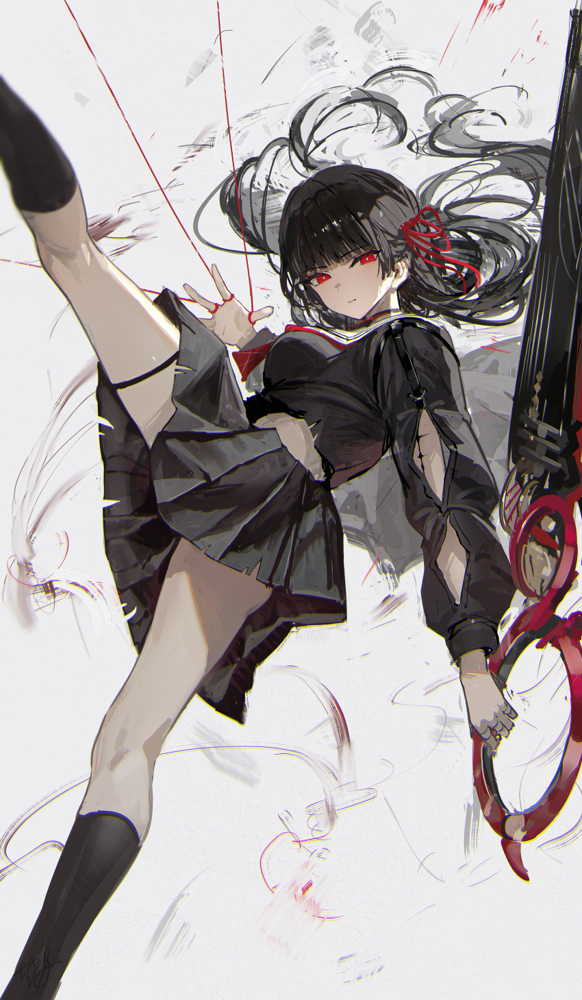 1girl absurdres arm_cutout black_hair black_shirt black_skirt breasts bright_pupils chisa_(wuthering_waves) chromatic_aberration closed_mouth commentary feet_out_of_frame hair_ribbon hand_up hidulume highres holding holding_sword holding_weapon leg_up long_hair long_sleeves looking_at_viewer medium_breasts red_eyes red_ribbon ribbon sailor_collar school_uniform serafuku shirt skirt solo sword tacet_mark_(wuthering_waves) thighs weapon white_pupils white_sailor_collar wuthering_waves