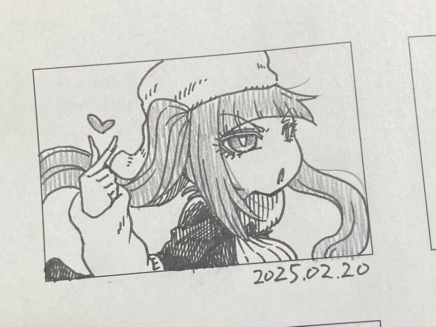1girl 2025 :o alternate_breast_size black_dress bleach blush breasts chibi dated dokugamine_riruka dress fingernails hanya_(hanya_yashiki) hat heart highres large_breasts long_hair looking_at_viewer monochrome nail_polish photo_(medium) simple_background solo traditional_media tsundere twintails very_long_hair white_background