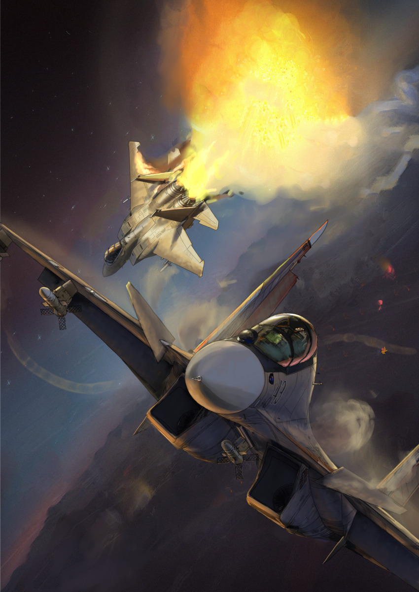 absurdres aerial_battle aircraft airplane battle damaged f-15_eagle fighter_jet fire highres military military_vehicle missile no_humans original sky su-30 yukikaze_supersylph