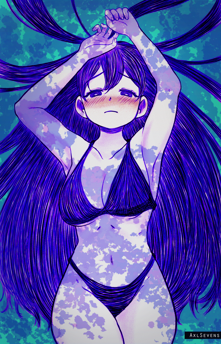 1girl absurdres axl_sevens bare_shoulders bikini black_hair breasts bright_pupils cleavage colored_skin highres long_hair looking_at_viewer mari_(headspace)_(omori) mari_(omori) omori open_mouth purple_eyes purple_hair smile swimsuit white_skin