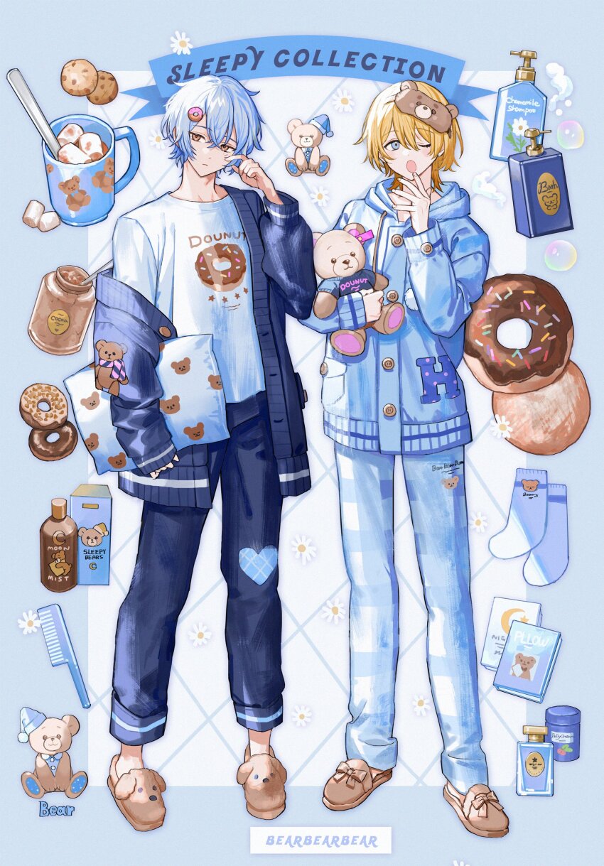 2boys absurdres animal_print argyle_background bear_print blonde_hair blue_border blue_eyes blue_hair blue_pajamas blue_pants blue_sweater border bow brown_eyes brown_slippers chamomile checkered_clothes checkered_pants closed_mouth clothes_pull commentary cookie covering_own_mouth crossed_bangs cup dog_slippers donut donut_hair_ornament donut_print english_commentary english_text food food-themed_hair_ornament food_print footwear_bow full_body hair_between_eyes hair_brush hair_ornament hand_over_own_mouth heart heart_print highres holding holding_pillow holding_teddy_bear hood hooded_sweater jacket looking_at_viewer male_focus marshmallow multiple_boys nana_tetra one_eye_closed open_mouth original pajamas pants pillow print_shirt print_sweater shampoo_bottle shirt short_hair sleep_mask slippers socks standing stuffed_animal stuffed_toy sweater sweater_jacket sweater_pull teardrop teddy_bear white_shirt white_socks