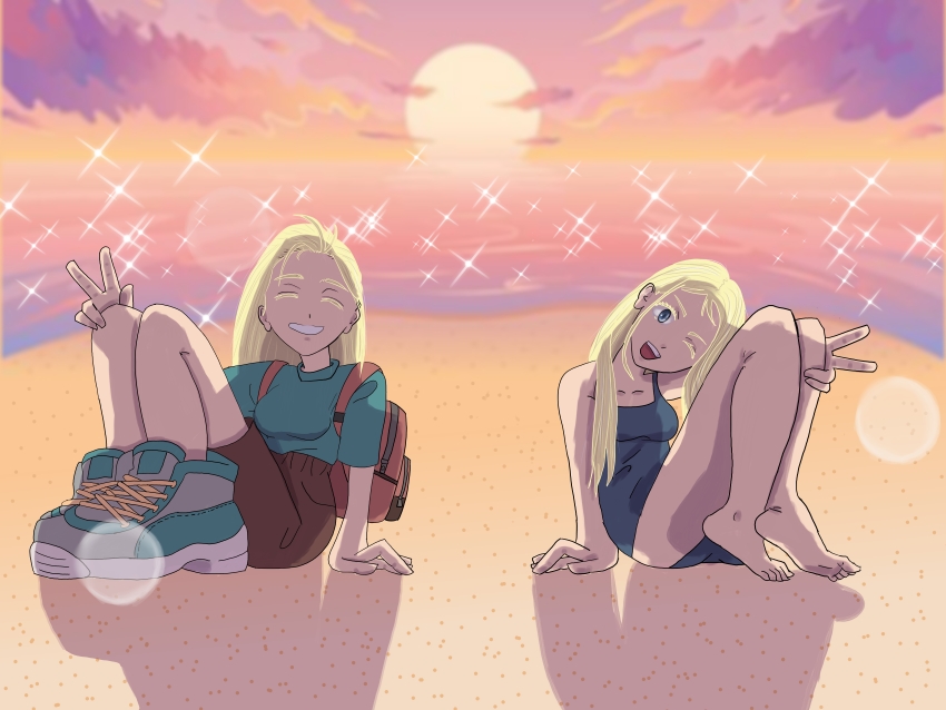 absurdres beach blonde_eyebrows blonde_hair highres kofune_ushio modo summertime_render swimsuit