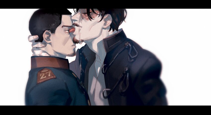 2boys black_eyes black_hair black_jacket chengongzi123 closed_eyes closed_mouth facial_hair goatee goatee_stubble golden_kamuy highres jacket koito_otonoshin letterboxed licking licking_eye looking_at_another male_focus military_uniform multiple_boys mustache open_clothes open_jacket open_mouth short_hair simple_background stubble tsurumi_tokushirou upper_body very_short_hair white_background yaoi