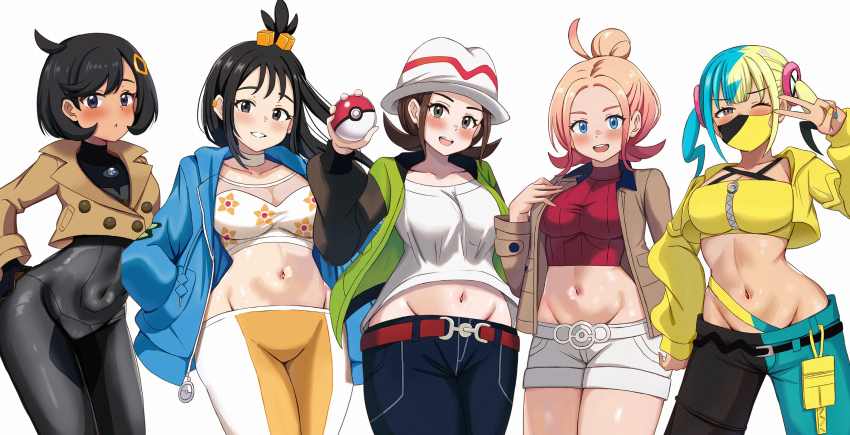 5girls :d :o ahoge aqua_hair bandeau belt black_bodysuit black_hair black_mask blonde_hair blue_eyes blue_jacket blue_nails blush bodysuit breasts brown_belt brown_coat brown_hair brown_jacket canari_(pokemon) choker coat collarbone commentary_request covered_navel cowboy_shot crop_top cropped_shirt emma_(pokemon) eyelashes green_jacket groin hair_bun hair_ornament hand_up harmony_(pokemon) hat highres holding holding_poke_ball jacket large_breasts lida_(pokemon) long_hair looking_at_viewer medium_breasts midriff multicolored_nails multiple_girls navel nintendo nootomo one_eye_closed open_clothes open_coat open_jacket open_mouth orange_hair orange_pants pants poke_ball poke_ball_(basic) pokemon pokemon_legends:_z-a red_sweater shirt short_hair shorts side_ahoge simple_background single_hair_bun skin_tight smile sweater taunie_(pokemon) teeth thighs two-tone_mask two-tone_pants upper_teeth_only v white_background white_choker white_hat white_pants white_shirt white_shorts yellow_bandeau yellow_jacket yellow_nails