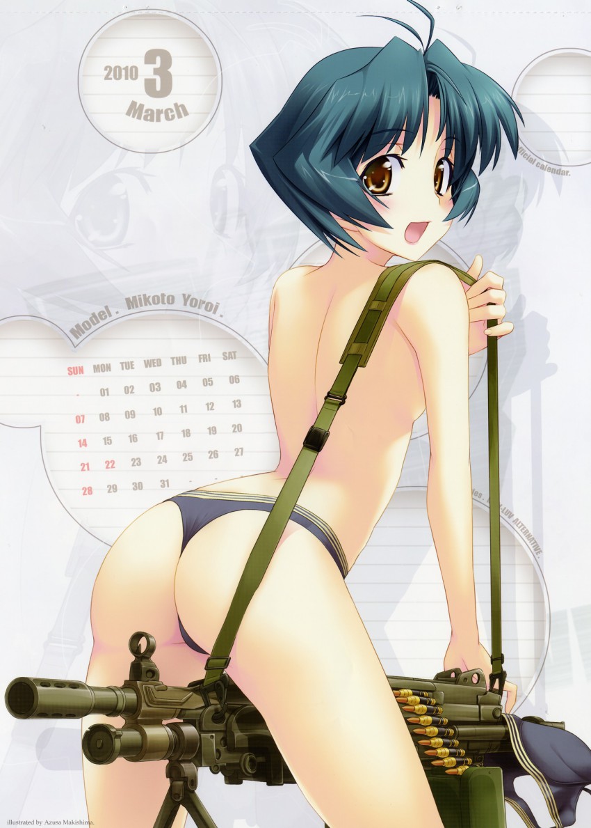 00s 10s 1girl 2009 2010 ammunition ammunition_belt ammunition_box antenna_hair ass between_thighs bipod blue_hair blue_panties brown_eyes bullet calendar female_focus gun highres light_machine_gun m249_saw machine_gun makishima_azusa march muv-luv muv-luv_alternative no_bra panties rifle_cartridge short_hair solo squad_automatic_weapon thighs thong topless_female underwear weapon yoroi_mikoto zoom_layer