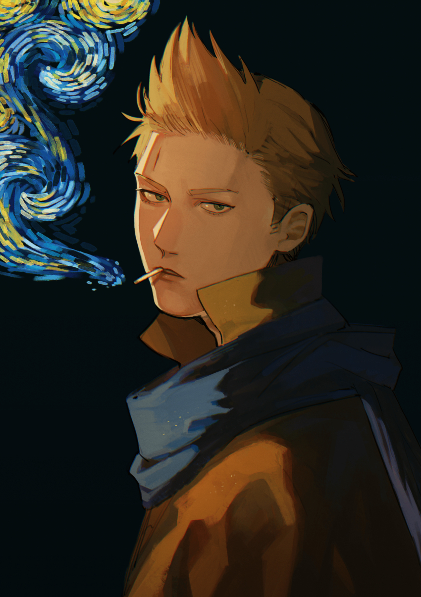 1boy absurdres axis_powers_hetalia black_background blonde_hair blue_eyes blue_scarf brown_coat brown_hair coat fine_art_parody from_side girl_with_a_pearl_earring highres looking_at_viewer looking_to_the_side male_focus mi_kan1609 mouth_hold netherlands_(hetalia) parody parted_lips sanpaku scar scar_on_face scar_on_forehead scarf simple_background smoke smoking solo spiked_hair starry_night_(van_gogh) surreal upper_body
