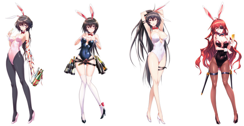 4girls animal_costume animal_ears black_hair breasts cup drinking_glass high_heels highres kawagishi_keitarou kawakami_momoyo large_breasts maji_de_watashi_ni_koi_shinasai! margit_eberbach matsunaga_tsubame multiple_girls musashibou_benkei rabbit_costume rabbit_ears red_hair transparent_background wagi wine_glass
