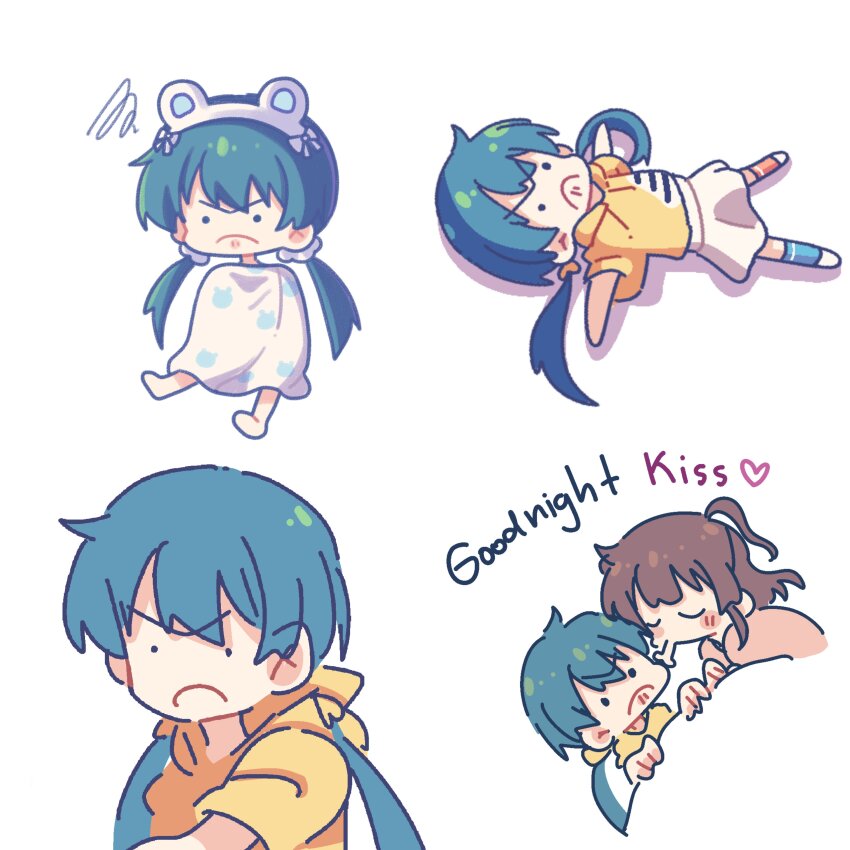 &gt;:( 2girls absurdres asymmetrical_legwear barefoot blue_hair blue_socks brown_hair character_request chibi closed_eyes closed_mouth commentary english_commentary english_text frown heart highres hood hood_down hoodie idoly_pride kabotd kiss kissing_cheek long_hair low_twintails lying mismatched_legwear multiple_girls okuyama_sumire on_back orange_socks puffy_short_sleeves puffy_sleeves shoes short_sleeves skirt socks squiggle twintails under_covers v-shaped_eyebrows very_long_hair white_footwear white_skirt wrap_towel yellow_hoodie