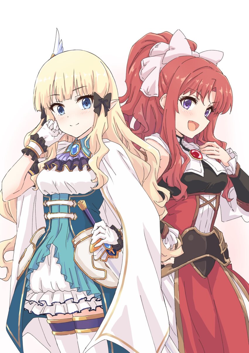 2girls akino_(princess_connect!) armor ascot blonde_hair blue_eyes bow brooch cape closed_mouth detached_sleeves dress gloves hair_bow hand_on_own_chest hand_on_own_hip hand_up highres jewelry long_hair looking_at_viewer multiple_girls open_mouth pointy_ears ponytail princess_connect! purple_eyes red_dress red_hair saren_(princess_connect!) sekiya_kuzuyu sheath sheathed shirt sidelocks simple_background skirt smile sword thighhighs weapon white_background white_cape white_gloves white_shirt white_skirt white_thighhighs