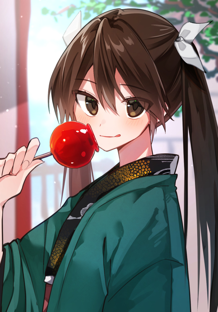 1girl alternate_costume black_kimono brown_hair candy_apple coat food green_coat hair_between_eyes hair_ribbon haori highres japanese_clothes kantai_collection kimono long_hair looking_at_viewer ribbon solo tone_(kancolle) tongue tongue_out tsumikitsuki_(katsuobushi) twintails upper_body