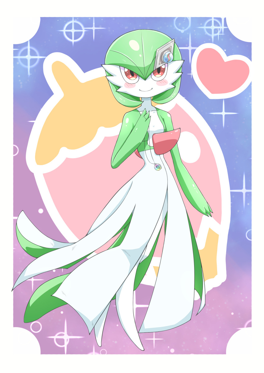 1girl absurdres arm_at_side blush blush_stickers bob_cut border breasts closed_mouth collarbone colored_skin female_focus full_body gardevoir gen_3_pokemon green_hair green_skin hair_ornament hairclip hand_up happy heart highres holding holding_jewelry holding_necklace jewelry large_variant_set looking_at_viewer mega_stone multicolored_skin necklace nintendo no_feet pokemon pokemon_(anime) pokemon_(creature) poketoon red_eyes short_hair small_breasts smile solo sparkle standing textless_version toppupan two-tone_skin variant_set white_border white_skin