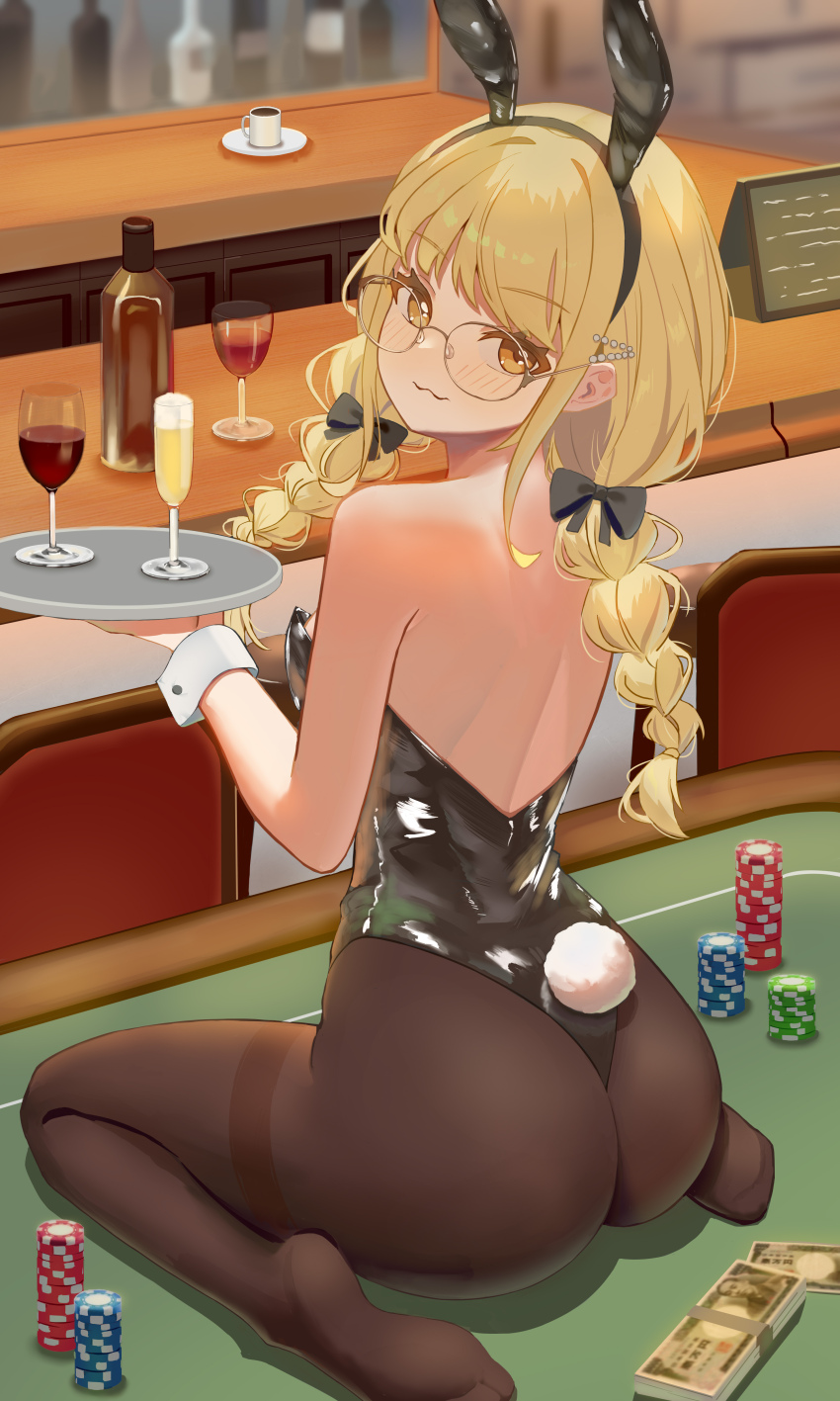 1girl absurdres alternate_costume animal_ears ass banknote bespectacled black_leotard black_pantyhose blonde_hair blush braid casino_card_table champagne_flute commentary_request cup drinking_glass fake_animal_ears fake_tail fujita_kotone gakuen_idolmaster glasses highres holding holding_tray idolmaster indoors leotard looking_at_viewer looking_back money no_shoes pantyhose playboy_bunny poker_chip rabbit_ears rabbit_tail round_eyewear solo strapless table tail thighband_pantyhose tray twin_braids wine_glass wrist_cuffs xianmianxi yellow_eyes