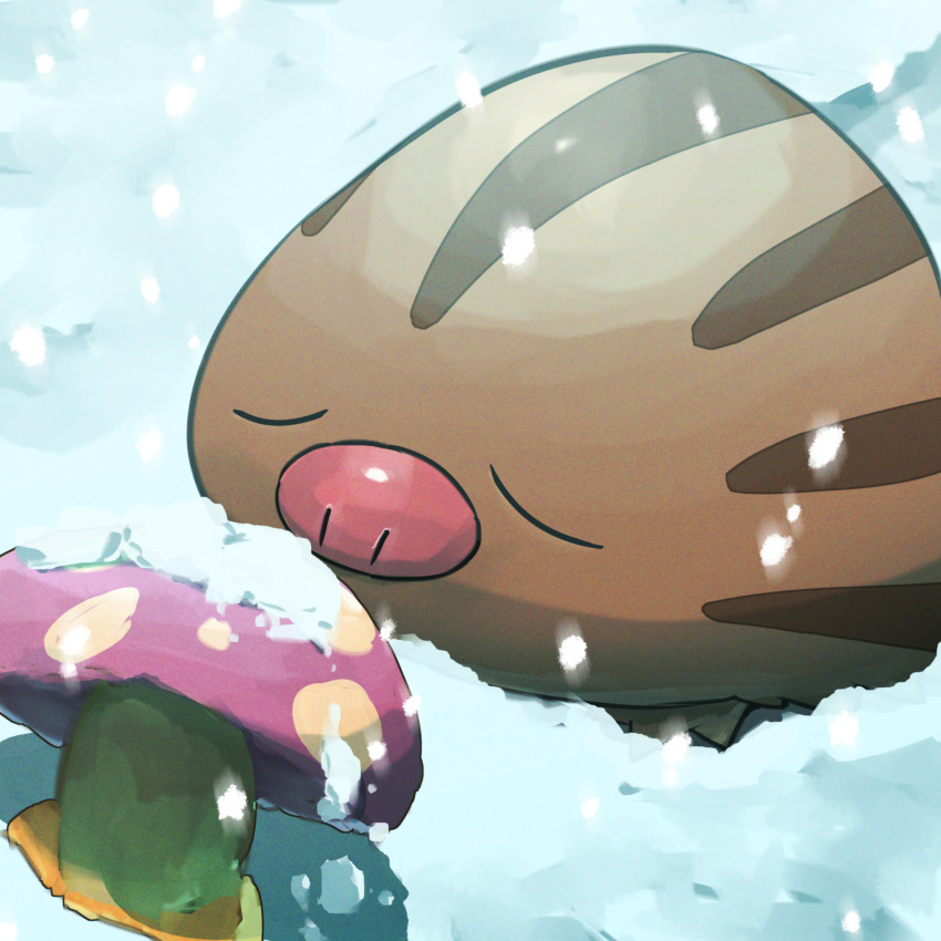 absurdres brown_fur gen_2_pokemon highres mushroom nintendo no_humans outdoors pokemon pokemon_(creature) snow snowing solo spicyichizo swinub