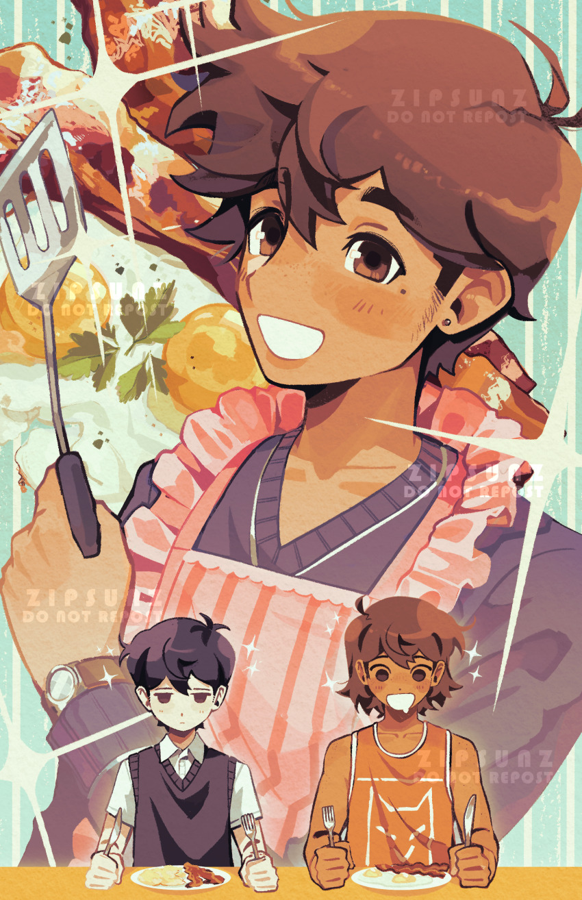 3boys :d absurdres ahoge antenna_hair apron artist_name bacon bare_arms bare_shoulders black_eyes black_hair black_sweater black_sweater_vest blue_background brothers brown_eyes brown_hair butter_knife collarbone collared_shirt dark-skinned_male dark_skin double-parted_bangs drooling film_grain food fork fried_egg frilled_apron frills grin hair_behind_ear hair_between_eyes hero_(faraway)_(omori) hero_(omori) highres holding holding_fork holding_knife holding_spatula jitome kel_(faraway)_(omori) kel_(omori) knife leaf long_sleeves looking_at_food looking_at_viewer male_focus mole mole_under_eye mouth_drool multiple_boys omori open_mouth orange_tank_top pale_skin pink_apron plate shirt short_hair short_sleeves siblings simple_background smile solo_focus sparkle spatula striped_apron striped_background striped_clothes sunny_(omori) sweater sweater_vest table tank_top upper_body v-neck vertical-striped_apron vertical-striped_clothes very_short_hair watch watermark white_shirt white_trim wristwatch zipsunz