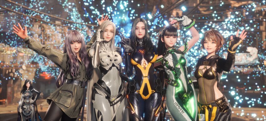 3d 6+girls absurdres android black_bodysuit black_hair black_pants blue_eyes blunt_bangs bodysuit brown_eyes brown_hair enya_(stellar_blade) eve_(stellar_blade) fingerless_gloves fireworks gloves green_bodysuit green_jacket green_necktie grey_hair highres jacket kaya_(stellar_blade) lily_(stellar_blade) long_hair looking_at_viewer multicolored_bodysuit multiple_girls necktie official_art official_wallpaper pants parted_bangs planet_diving_suit_(7th)_(stellar_blade) purple_hair raven_(stellar_blade) raven_suit_(stellar_blade) short_hair shrug_(clothing) stellar_blade tachy_(stellar_blade) two-tone_bodysuit v yellow_bodysuit