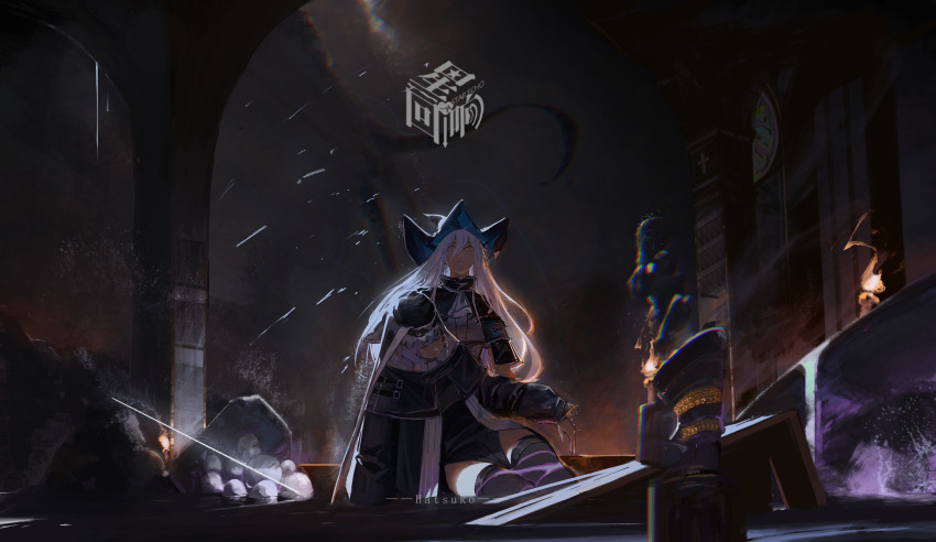 2girls absurdres aqua_gloves aqua_hat arknights artist_name ascot black_capelet black_dress black_hat capelet chromatic_aberration closed_eyes closed_mouth coif cross dress fire full_body gloves grey_ascot grey_hair hair_between_eyes hat highres hip_vent holding indoors logo long_hair long_sleeves looking_up multiple_girls nun parted_lips pointy_hat red_eyes scenery shirt shoulder_strap sitting skadi_(arknights) slumped specter_(arknights) thighhighs unconscious very_long_hair water white_hair wide_shot zettai_ryouiki zuosi_zhichu